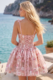 Cute Pink Corset A Line Sequin Flower Homecoming Dress
