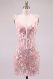 Sequin Flower Corset Bodycon Pink Homecoming Dress