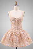 Apricot Corset Sequin Flower A Line Homecoming Dress with Lace-up Back