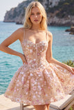 Apricot Corset Sequin Flower A Line Homecoming Dress with Lace-up Back