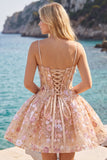 Apricot Corset Sequin Flower A Line Homecoming Dress with Lace-up Back