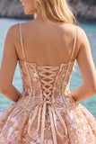 Apricot Corset Sequin Flower A Line Homecoming Dress with Lace-up Back