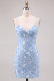 Light Blue Sequin Flower Bodycon Homecoming Dress with Lace-up Back