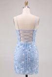 Light Blue Sequin Flower Bodycon Homecoming Dress with Lace-up Back
