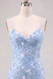 Light Blue Sequin Flower Bodycon Homecoming Dress with Lace-up Back