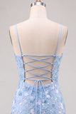 Light Blue Sequin Flower Bodycon Homecoming Dress with Lace-up Back