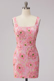 Bodycon Pink Square Neck Flower Sequin Homecoming Dress with Lace-up Back