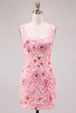 Bodycon Pink Square Neck Flower Sequin Homecoming Dress with Lace-up Back