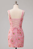 Bodycon Pink Square Neck Flower Sequin Homecoming Dress with Lace-up Back