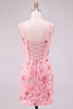 Bodycon Pink Square Neck Flower Sequin Homecoming Dress with Lace-up Back