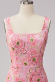 Bodycon Pink Square Neck Flower Sequin Homecoming Dress with Lace-up Back