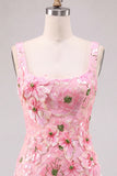 Bodycon Pink Square Neck Flower Sequin Homecoming Dress with Lace-up Back
