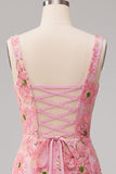 Bodycon Pink Square Neck Flower Sequin Homecoming Dress with Lace-up Back