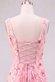 Bodycon Pink Square Neck Flower Sequin Homecoming Dress with Lace-up Back