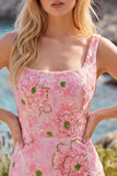 Bodycon Pink Square Neck Flower Sequin Homecoming Dress with Lace-up Back