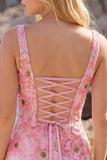 Bodycon Pink Square Neck Flower Sequin Homecoming Dress with Lace-up Back