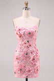 Strapless Flower Sequin Bodycon Pink Homecoming Dress
