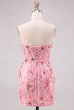 Strapless Flower Sequin Bodycon Pink Homecoming Dress