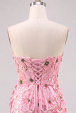 Strapless Flower Sequin Bodycon Pink Homecoming Dress