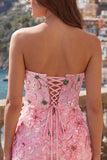 Strapless Flower Sequin Bodycon Pink Homecoming Dress