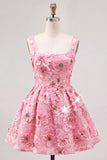 Pink Sequin Flower Square Neck A Line Short Homecoming Dress