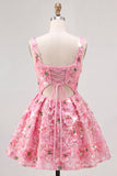 Pink Sequin Flower Square Neck A Line Short Homecoming Dress