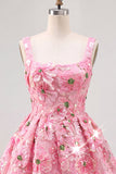 Pink Sequin Flower Square Neck A Line Short Homecoming Dress