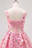 Pink Sequin Flower Square Neck A Line Short Homecoming Dress
