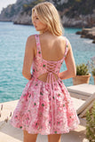 Pink Sequin Flower Square Neck A Line Short Homecoming Dress