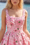 Pink Sequin Flower Square Neck A Line Short Homecoming Dress