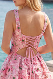 Pink Sequin Flower Square Neck A Line Short Homecoming Dress
