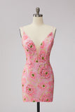 Sequin Pink Flower V Neck Bodycon Homecoming Dress