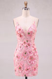 Sequin Pink Flower V Neck Bodycon Homecoming Dress