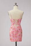 Sequin Pink Flower V Neck Bodycon Homecoming Dress