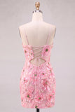 Sequin Pink Flower V Neck Bodycon Homecoming Dress