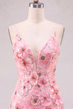 Sequin Pink Flower V Neck Bodycon Homecoming Dress
