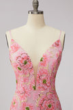 Sequin Pink Flower V Neck Bodycon Homecoming Dress