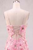 Sequin Pink Flower V Neck Bodycon Homecoming Dress