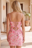 Sequin Pink Flower V Neck Bodycon Homecoming Dress