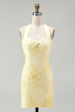 Halter Light Blue Flower Embroidered Bodycon Homecoming Dress