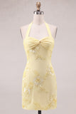 Halter Light Blue Flower Embroidered Bodycon Homecoming Dress