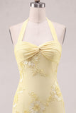 Halter Light Blue Flower Embroidered Bodycon Homecoming Dress