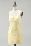 Halter Light Blue Flower Embroidered Bodycon Homecoming Dress