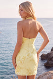 Halter Light Blue Flower Embroidered Bodycon Homecoming Dress