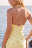 Halter Light Blue Flower Embroidered Bodycon Homecoming Dress