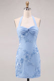 Halter Light Blue Flower Embroidered Bodycon Homecoming Dress