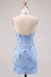 Halter Light Blue Flower Embroidered Bodycon Homecoming Dress