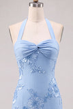 Halter Light Blue Flower Embroidered Bodycon Homecoming Dress