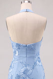Halter Light Blue Flower Embroidered Bodycon Homecoming Dress