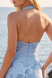 Halter Light Blue Flower Embroidered Bodycon Homecoming Dress
